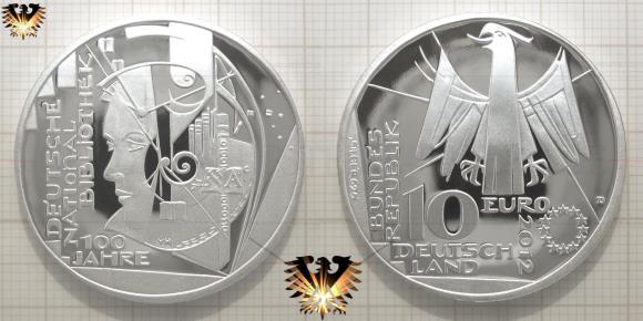 10 € Bundesrepublik Deutschland, 2012 Gedenkmünze in 625 Silber. 100 Jahre Nationalbibliothek.
