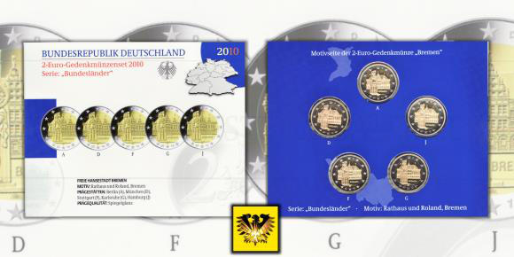 2 € Gedenkmünzenset 2010 A, D, F, G, in Spiegelglanz Qualität, Bundesland Bremen mit Rathaus und Roland.