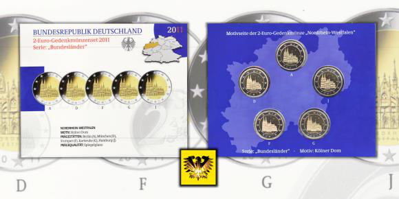 2 € Gedenkmünzenset 2011 A, D, F, G, in Spiegelglanz Qualität, Bundesland Nordrhein Westfalen mit dem Kölner Dom