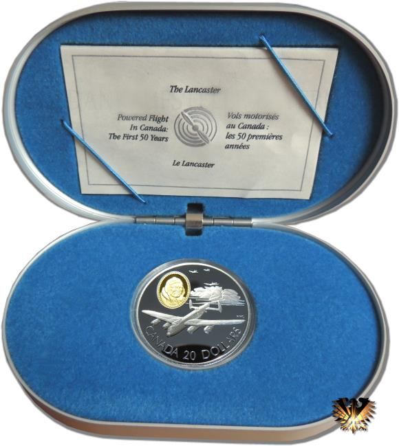 Silbermünze Kanada, 20 $ von 1990, in original Box (Alu mit blauem Formschaumstoff) mit Zertifikat. John Emilius Faquier und das Flugzeug The Lancaster.