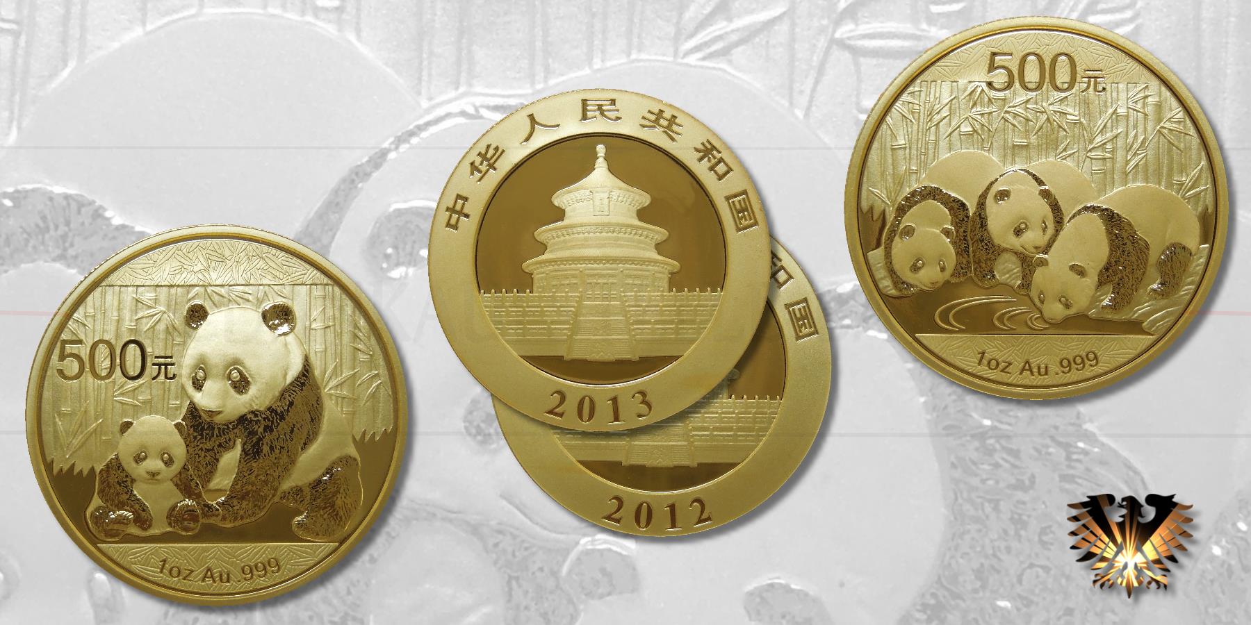 Design im direkten Vergleich: Klicken Sie für den Vergleich der Panda Goldmünzen 2012 und 2013