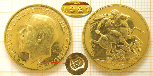 Goldmünze England Sovereign 1927 SA  - GEORGIVS V mit Gegenstempel - GEORGIVS V D.G. BRITT:OMN:REX F.D. IND : IMP