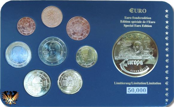 Österreich Sonderedition Euromünzen, 1 Eurocent bis 2 Euro nominal, mit Gedenkprägung zu Ehren des Schilling.