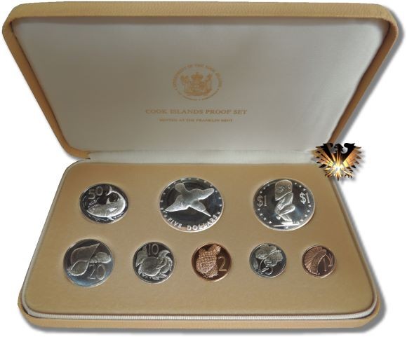 Polierte Platte Münzen Set aus Cook Islands, mit 8 Motivmünzen mit Tiere, Vögel und Pflanzen, Prägejahr 1976. 1 Cent bis 5 Dollars.