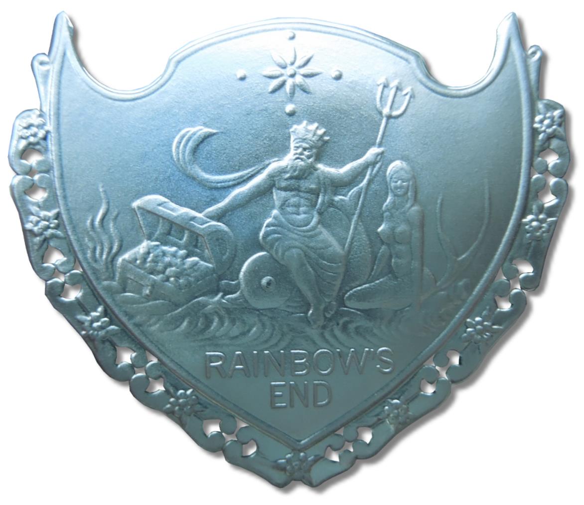 Großes Wappen der Republik Palau. Neptun mit Dreizack, eine Meerjungfrau und eine Kiste voll mit Münzen.  Darunter der Titel Rainbow`s end.