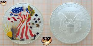 Silver American Eagle 2000 Farbmünze mit Farbapplikationen. One Dollar Silberunze im Herbst aus dem Jahreszeiten Quartett..