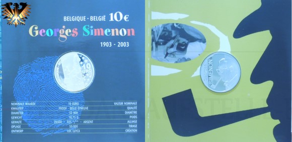 Buntes Blister zur Sondermünze aus dem Jahr 2003, Belgien - Belgie - Georges Simenon 1903-2003. 10 Euro Nominal Wert