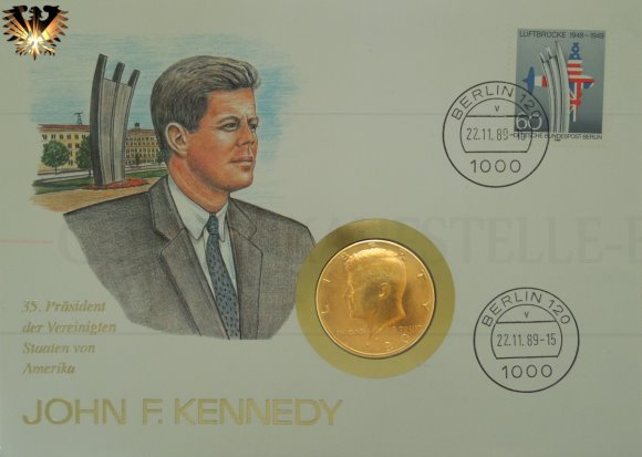 Numisblatt zur half Dollar Münze 1980. Vergoldete John F. Kennedy Münze
