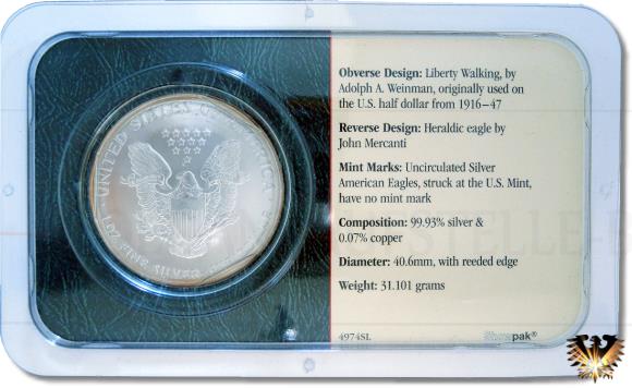 Blister Rückseite mit der Silbermünze Liberty 2002, one Dollar American Eagle.