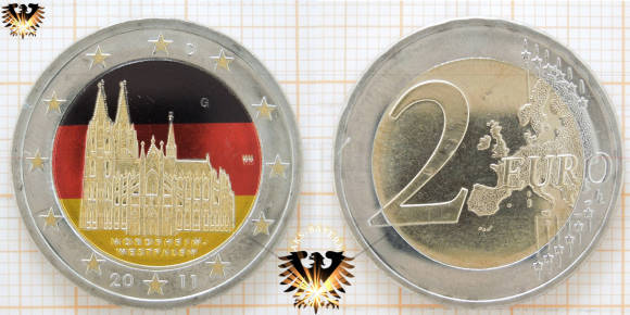 Farbenfrohe Gestaltung der 2 € Gedenkmünze von 2011, Motiv; Kölner Dom - Nordrhein Westfalen mit Goldauflage