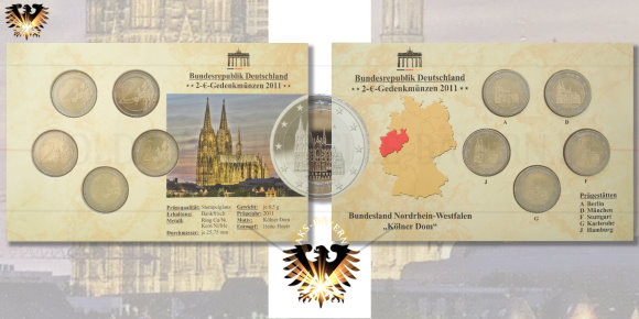 2 € Gedenkmünzensatz 2011 A, D, F, G, Bundesland Nordrhein Westfalen mit dem Kölner Dom