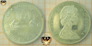 1 Dollar, Canada Dollar, 1965, Voyageur, Elizabeth II, D.G. Regina, Voyageur