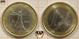 1 Euro, Italien, 2002, nominal Münze Leonardo da Vinci, Vitruvian Man  