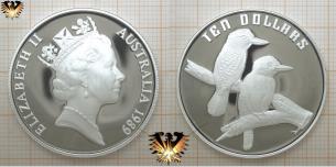 Vogel aus Australien, Ten Dollars Silber- Münze von 1989, Motiv Vögel