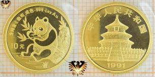 1/10 Unze, Panda Goldmünze, 1991, 10 Yuan, China, Anlagemünze, Feingold .999 1/10 oz Au  