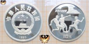 10 Yuan, 1993, China, drei Fußballer, Chinesische Mauer, Silbermünze, Fußball-WM ´94  