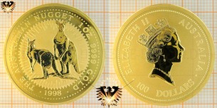 100 AUD, 100 Dollars, 1998, Australia, Two Kangaroos, 1 oz. Gold, Australian Nugget