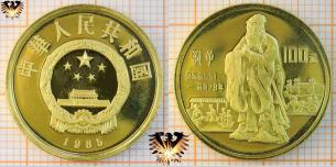 100 Yuan, 1985, China, Goldmünze, Konfuzius, Mann  Vorschaubild