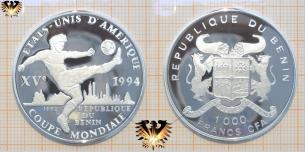 Fallrückzieher, Silbermünze, Republik Benin, 1000 Francs, 1992, Xve Coupe Mondiale, USA  