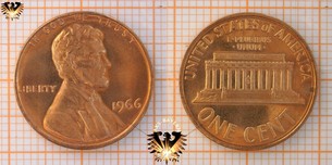 1 Cent, USA, 1966, Lincoln Memorial Cent, 1966