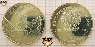 Münze: 2 Złote, Polen, 2010, Miasta w Polsce Katowice - Tolles Blister zur goldfarbenen Sondermünze