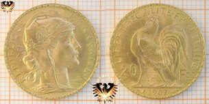 20 Francs, 1907, Goldmünze, Frankreich, Marianne 1899-1914, Hahn