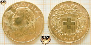 Schweiz, 20 FR, Helvetia, Vreneli Goldmünze aus der Schweiz, 1897-1949