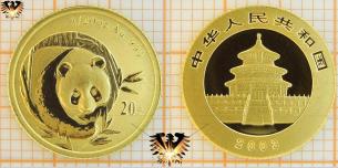 1/20 oz. Au .999, Goldpanda, 2003, 20 Yuan, China, Bullionmünze 1,555g Feingold  