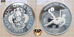 25 Rupees, Seychelles, Fußballmünze, Silber, World Cup 1994, USA, Fallrückzieher, Tor  