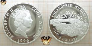 Panzerkrokodil, 5 Dollars, 1996, Cook Inseln, Gefährdete Tierwelt, Silbermünze  