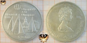 5 Dollars, Canada, 1973, Elizabeth II, XXI Olympiad Montréal 1976, Series I, Sailingboats, Segelschiff