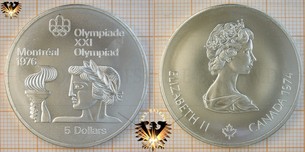 5 Dollars, Canada, 1974, Elizabeth II, XXI Olympiad Montréal 1976, Series II, Athlete with torch,