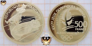 Gold-Münze, 500 Francs, Frankreich, 1990, XVIes Jeux Olympiques 1992, Bobfahren