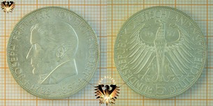 5 DM BRD 1957 J, Joseph Freiherr Eichendorff, Gedenkmünze Silber