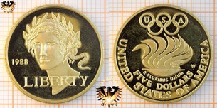 $5 Dollars, USA, 1988 W, Olympics, Liberty, Half Eagle Goldmünze