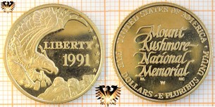 $5 Dollars, USA, 1991 W, Mount Rushmore, 50th Anniversary, Half Eagle, Gold