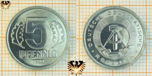 5 Pfennig, DDR, 1983, nominal, 1976-1990, * DEUTSCHE DEMOKRATISCHE REPUBLIK *, glänzend