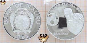 10 Dollars, 1994, Nauru, Kopfball, Silber, Fußballmünze, World Cup, USA´94  
