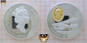 20 Dollars, Canada, 1992, Flugzeug, Doppeldecker, Silber, Queen Elizabeth II