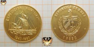 1 Peso, 1987, Cuba, Expedicion Kon-Tiki, 1947-1987, Balsaholzfloß, Münze