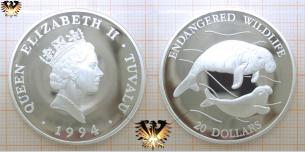 Dugong, 20 Dollars, 1994, Tuvalu, gefährdete Tierwelt, Silbermünze 