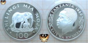 Elefanten Münze, Tanzania, 100 Shilingi Silber, 1986 Mia Moja  