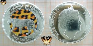 Leopard Motivmünze, Fidschi, 1 Dollar von 2009, farbige Leopardenmünze.