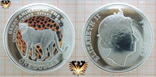 Gepard Münze, Fiji,1 Dollar, 2009, Farbmünze mit Elizabeth II und Cheetah.