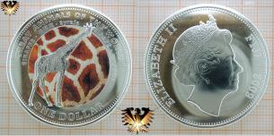 Giraffe Münze, 1 Fidschi Dollar, geprägt 2009, farbige Motivmünze mit Zyrafa.