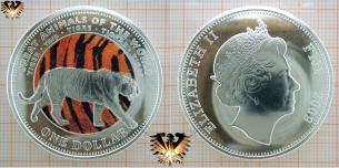 Tiger Münze, Fidschi, One Dollar, Farbmünze von 2009, Elisabeth II, Tigre.