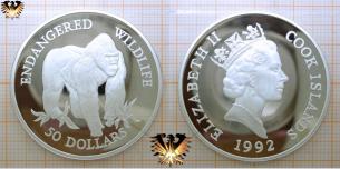 Flachland-Gorilla, 50 Dollars, 1992, Cook Island, Endangered Wildlife, Silbermünze