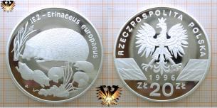 Europäischer Igel mit Jungen, 20 Zloty, 1996, Polen, Endangered Wildlife, Silbermünze  