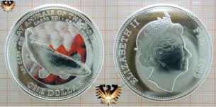 Karpfen Münze, Fiji 1 Dollar, 2009, Elizabeth II, Koi Carp farbig.