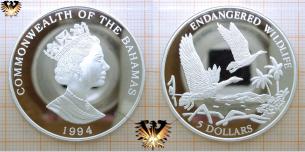 Kubapfeifgans, 5 Dollars, 1994, Bahamas, Endangered Wildlife, Silber  